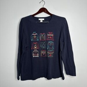 CJ Banks Christmas Sweater Women 2X Navy Blue EUC Embroidered Ugly Sweaters